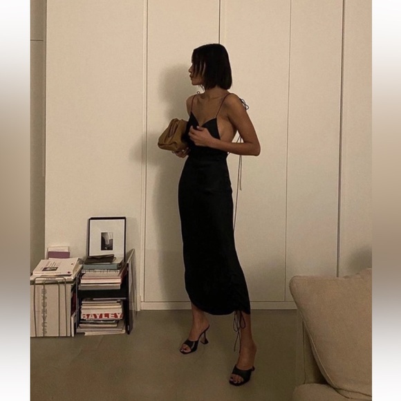 ORSEUND IRIS Drawstring Ruched Slip Dress Cowl Neck Black Size XS - Picture 3 of 7